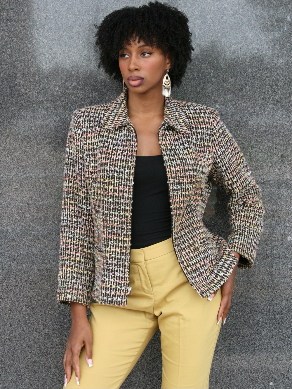 LARGE Women's Multi-Color Tweed Jacket - Classic Collared Coat v
